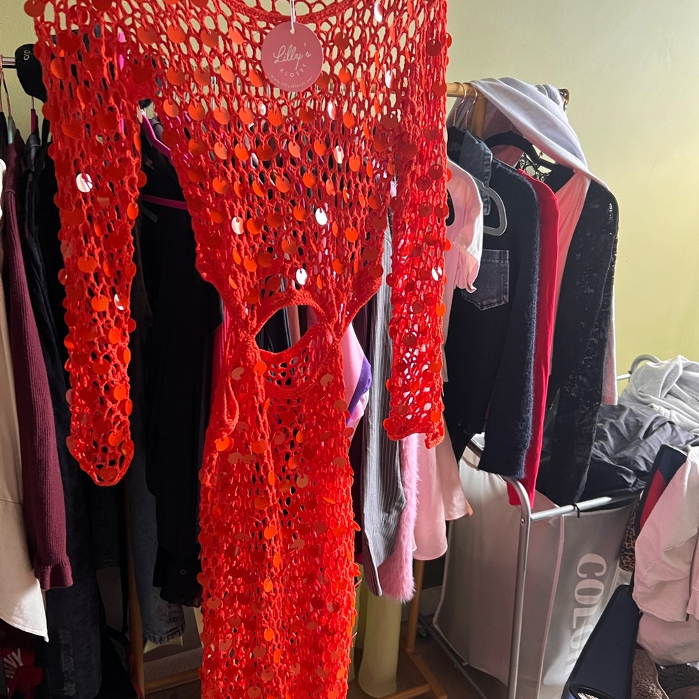 Fiery orange Crochet Swim Coverup w/tags